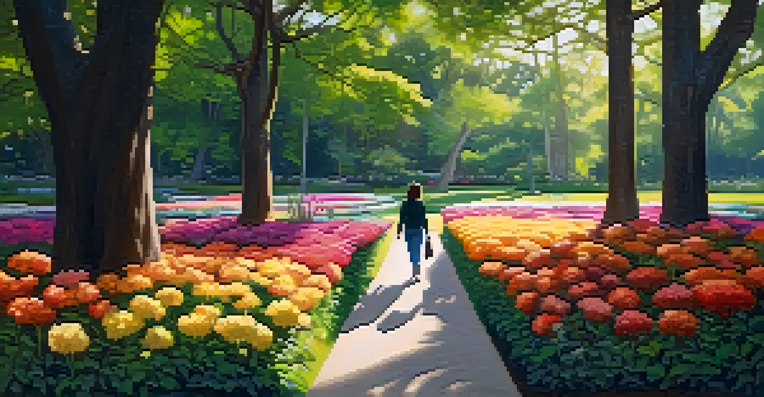 A person walking mindfully in a park filled with flowers and trees, sunlight filtering through the leaves.