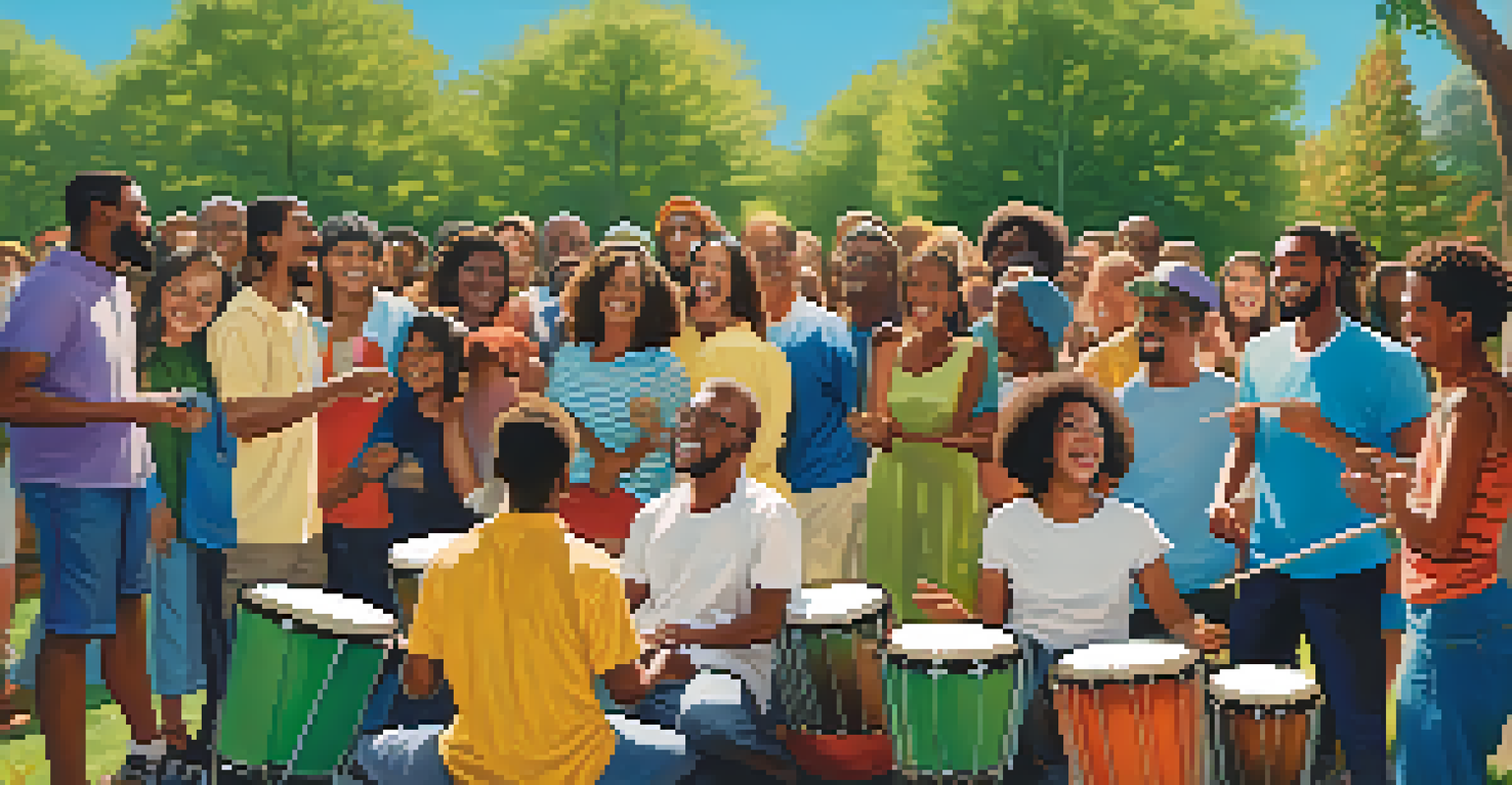 A diverse group of people participating in a joyful drum circle in a park, surrounded by nature.