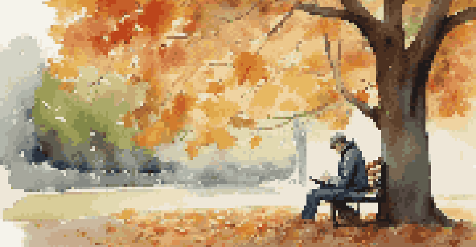 A person writing in a journal on a park bench, surrounded by colorful autumn leaves and a large tree.
