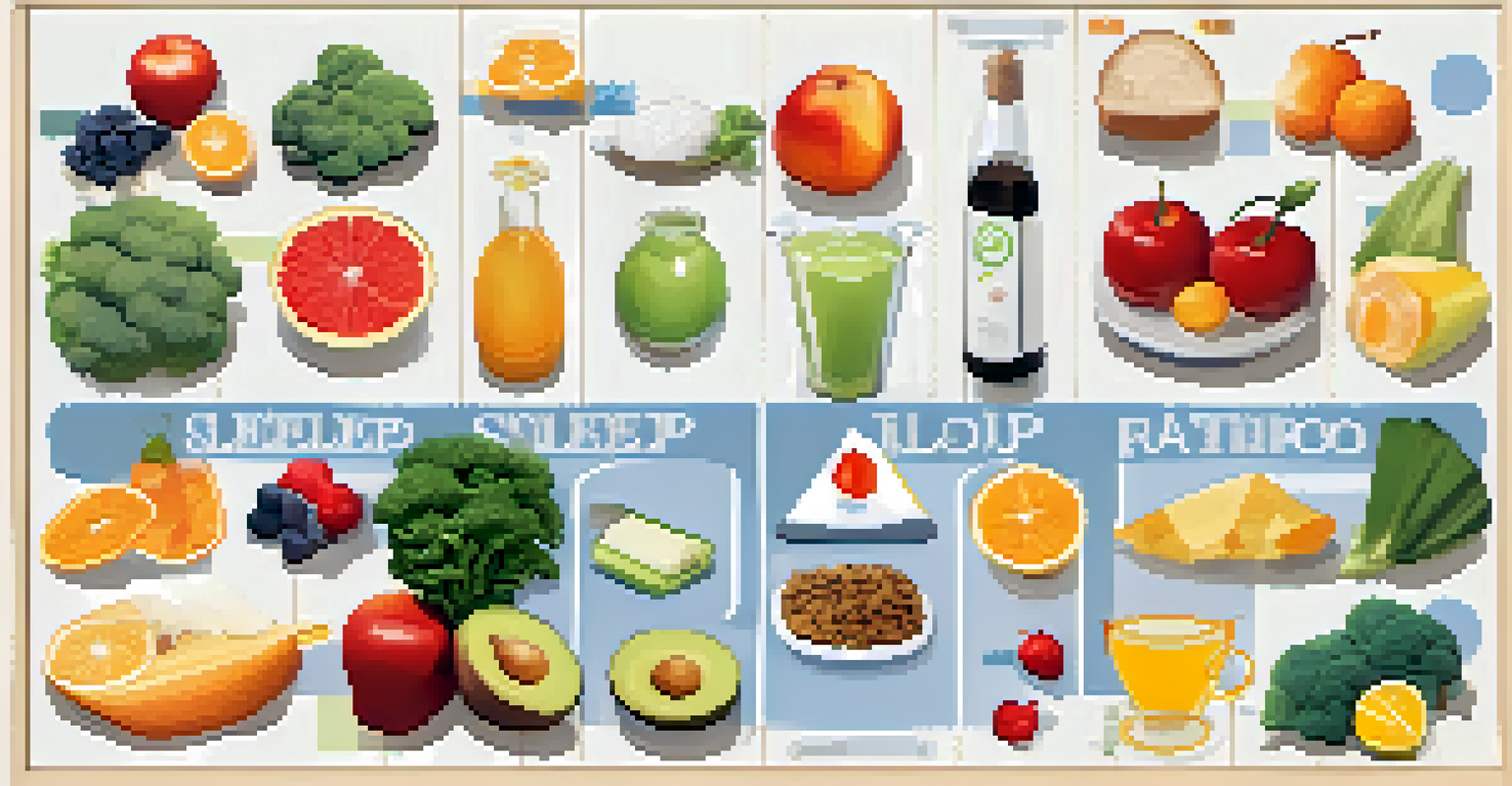 A lifestyle chart showing the connection between sleep, nutrition, and relaxation with various icons.