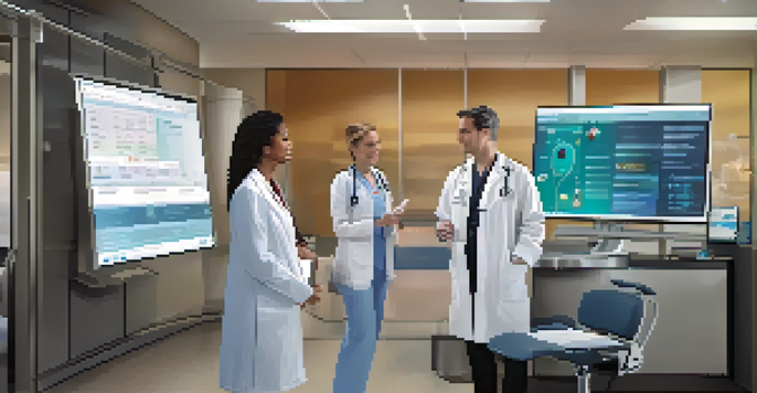 A doctor and a nurse working together over a touchscreen displaying a patient's electronic health record in a modern healthcare setting.