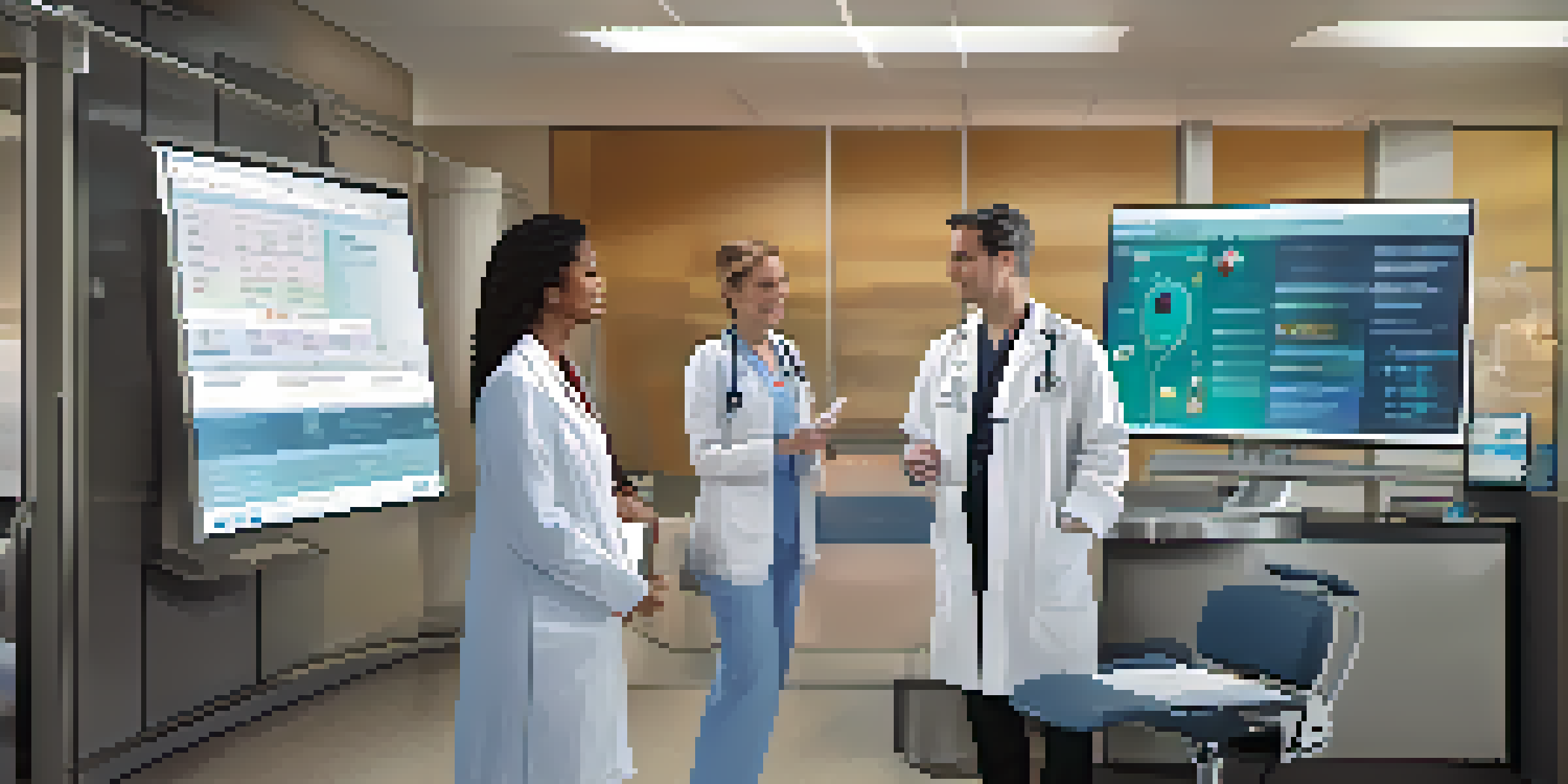 A doctor and a nurse working together over a touchscreen displaying a patient's electronic health record in a modern healthcare setting.