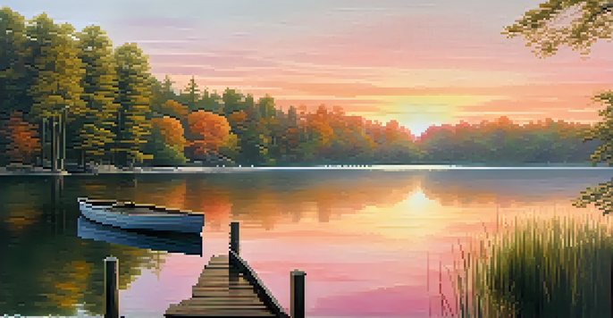 A peaceful sunrise over a calm lake with lush green trees and a wooden dock in the foreground.