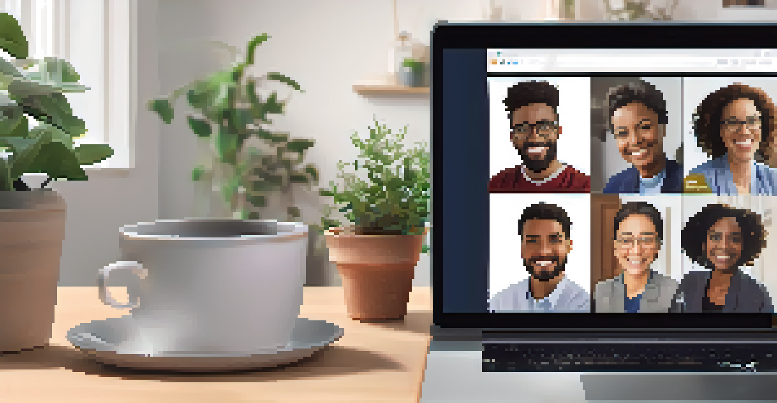 An online health support group meeting on a laptop, featuring diverse participants sharing smiles and tips in a cozy home office setting.