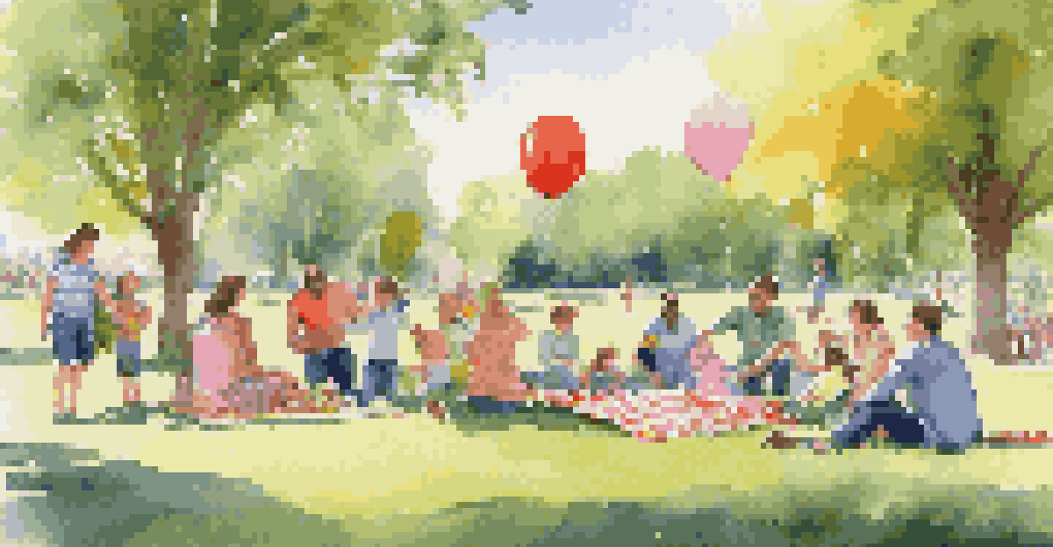 A joyful outdoor family gathering in a park with parents and children enjoying activities together under the sun.