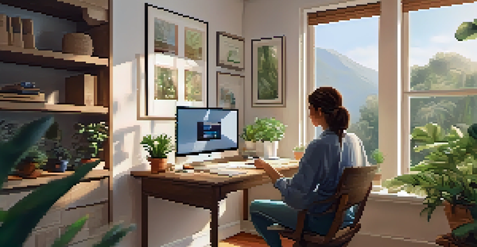 A person in a cozy home office engaged in a teletherapy session on their laptop, with plants and soft lighting.