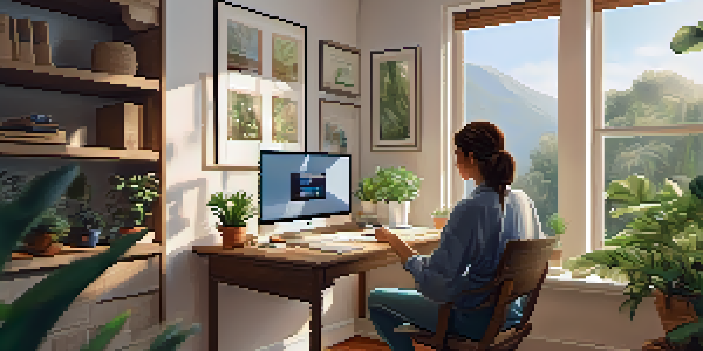 A person in a cozy home office engaged in a teletherapy session on their laptop, with plants and soft lighting.