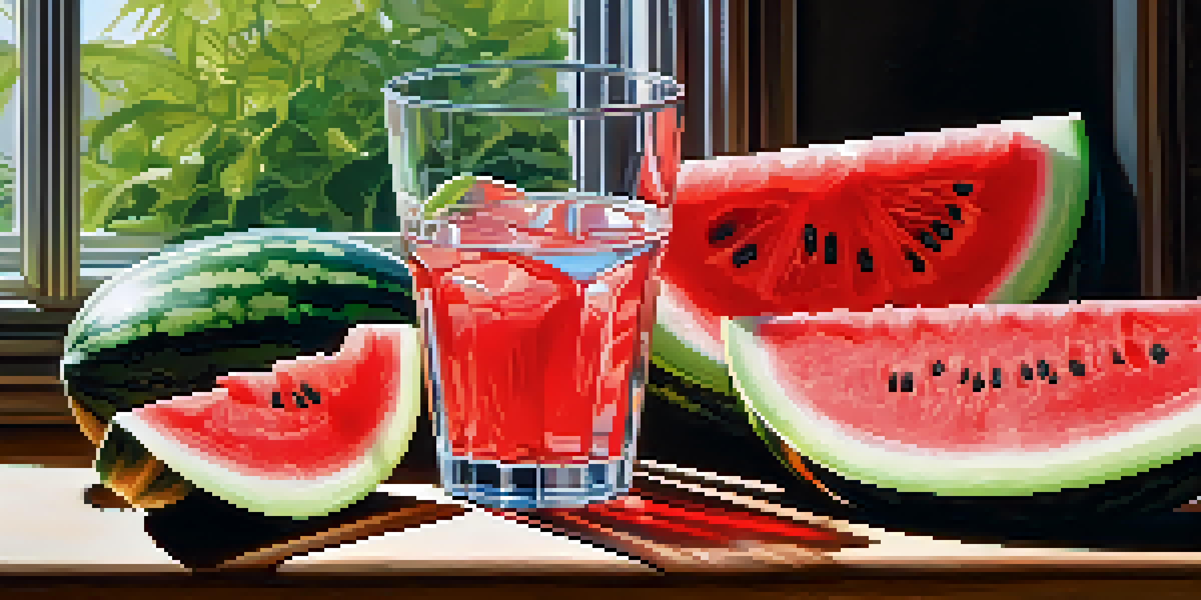 A glass of water next to slices of watermelon and cucumber, with sunlight illuminating the scene.