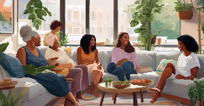A diverse group of women sitting together in a cozy living room, sharing stories and laughter, creating a sense of community.