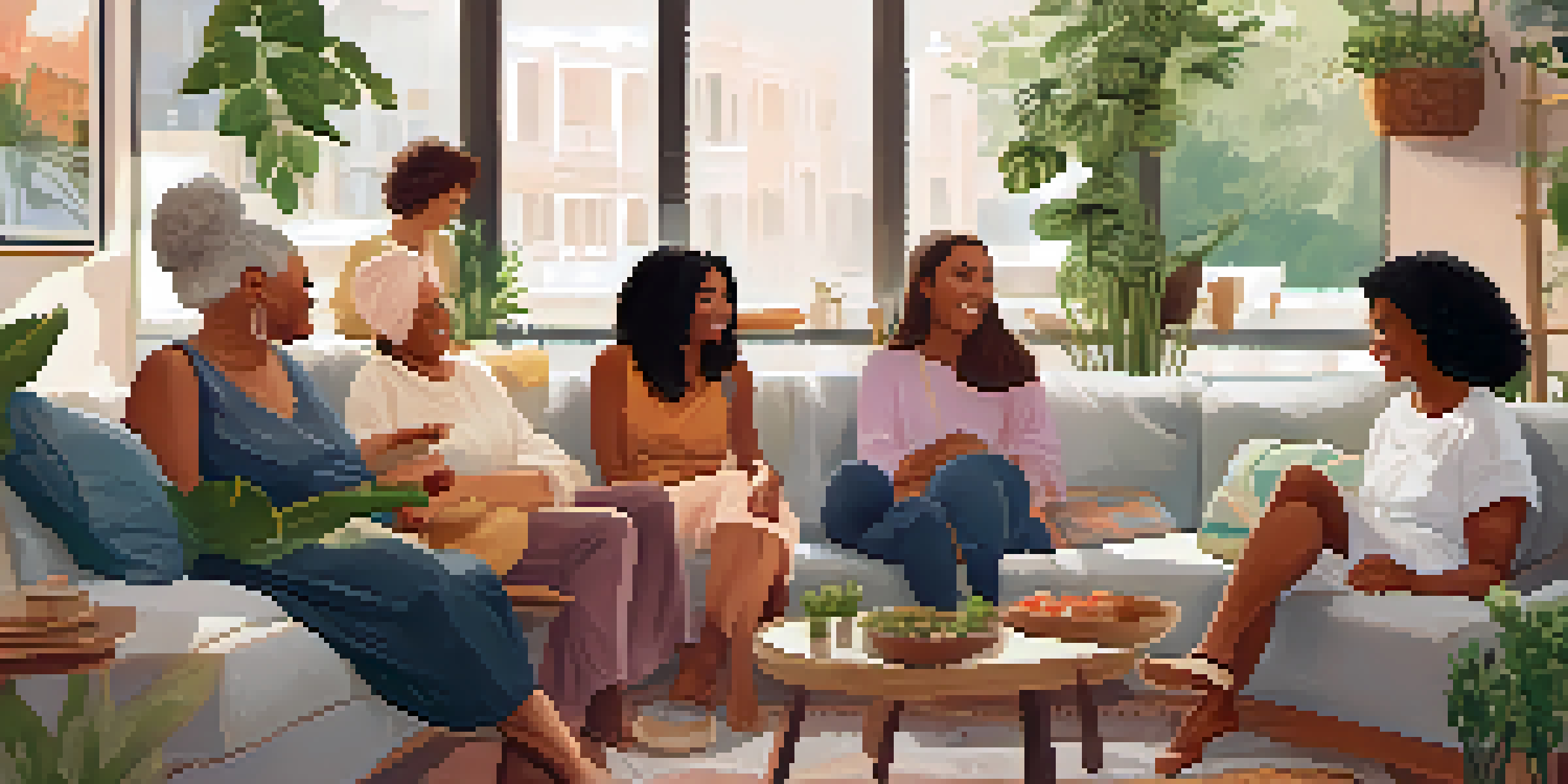 A diverse group of women sitting together in a cozy living room, sharing stories and laughter, creating a sense of community.