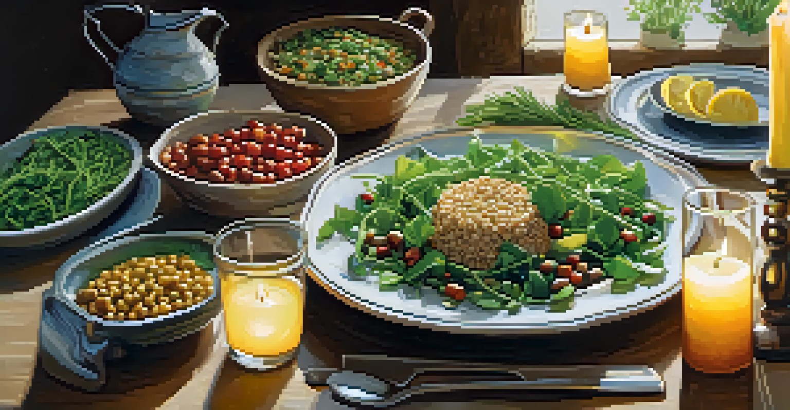 A dining table with a colorful plant-based meal, rustic tableware, and warm candlelight creating a cozy atmosphere.