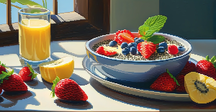 A breakfast table with a smoothie bowl topped with fresh fruits and chia seeds, illuminated by morning sunlight.