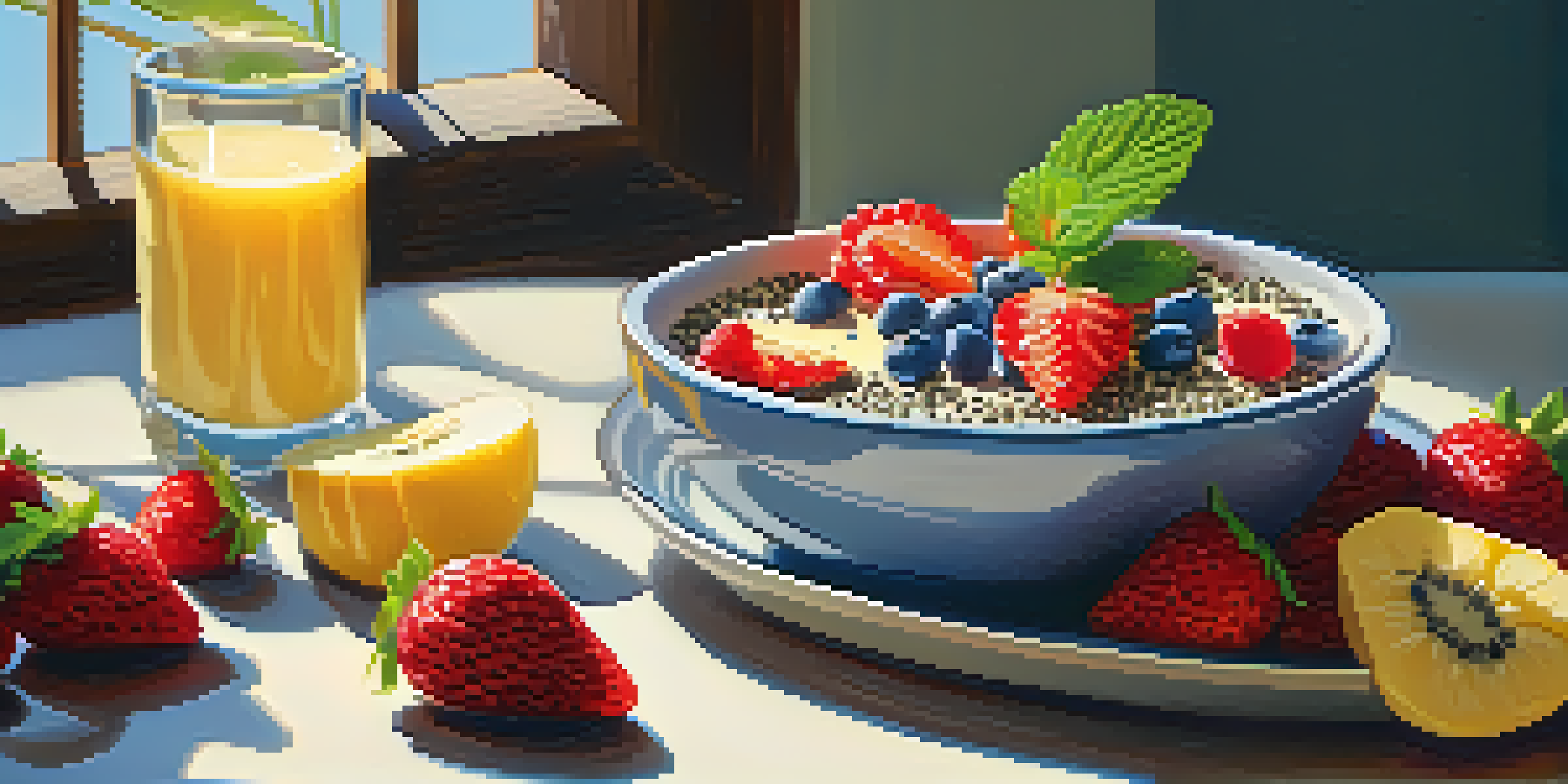 A breakfast table with a smoothie bowl topped with fresh fruits and chia seeds, illuminated by morning sunlight.