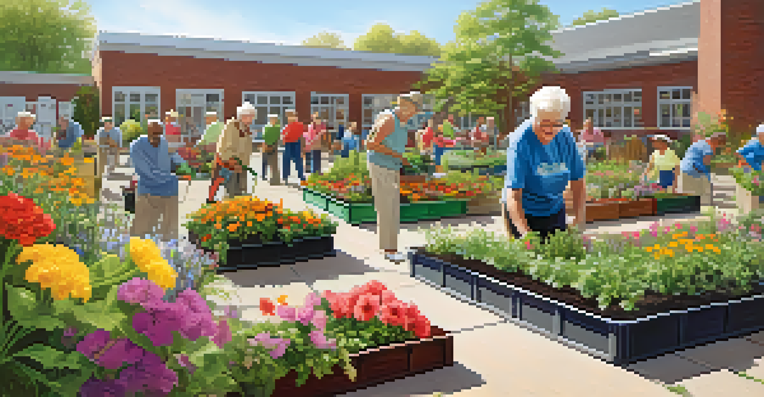 Seniors engaged in a gardening class at a community center, enjoying social interaction and gardening.