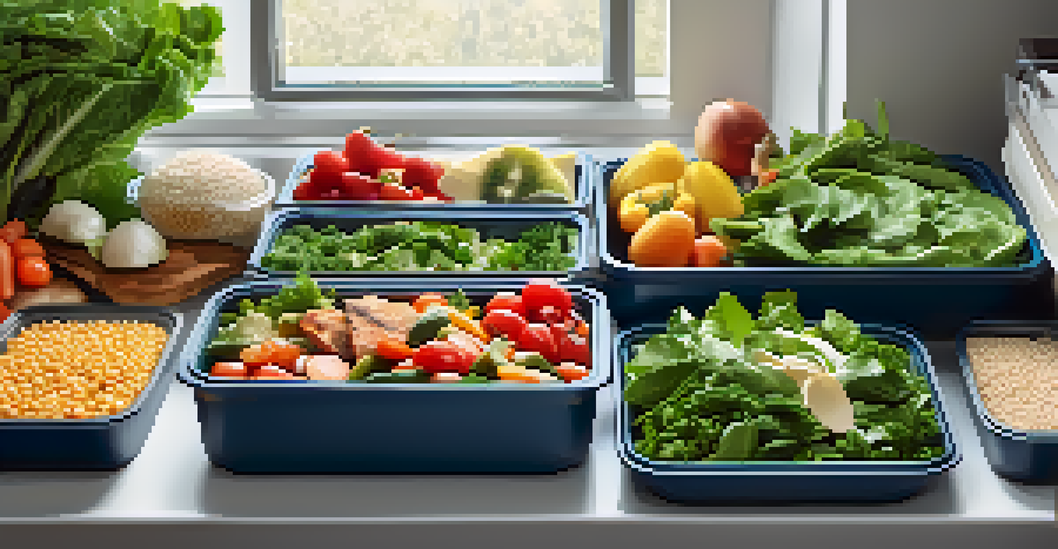 A close-up of a healthy meal prep station with fresh ingredients like greens and proteins, brightly lit to emphasize the vibrant colors and textures.
