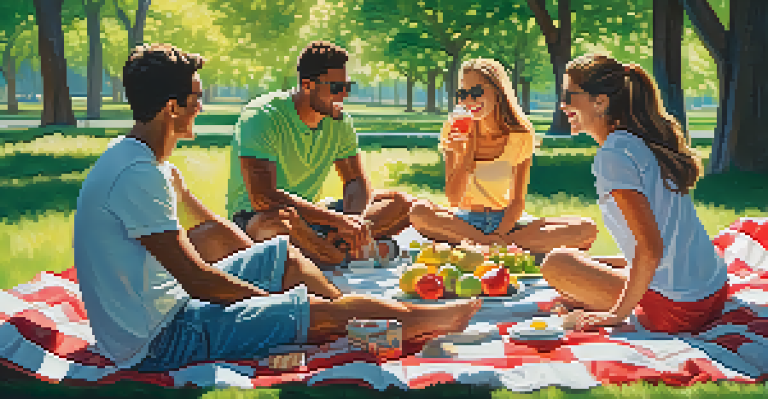 A group of friends having a picnic in a park, with food on a checkered blanket and sunlight filtering through trees.