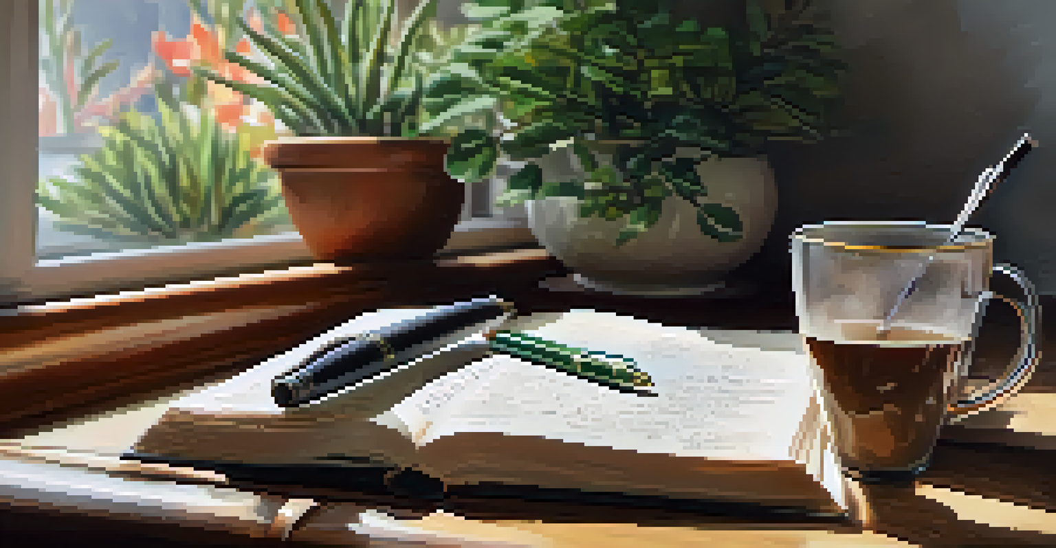 A close-up of an open journal with handwritten notes, a fountain pen, and a cup of tea on a wooden table.