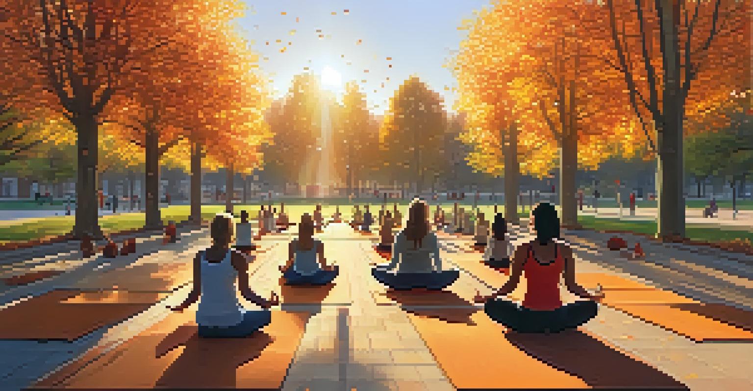 A group of women practicing yoga outdoors in a park surrounded by colorful autumn leaves and a beautiful sunset.