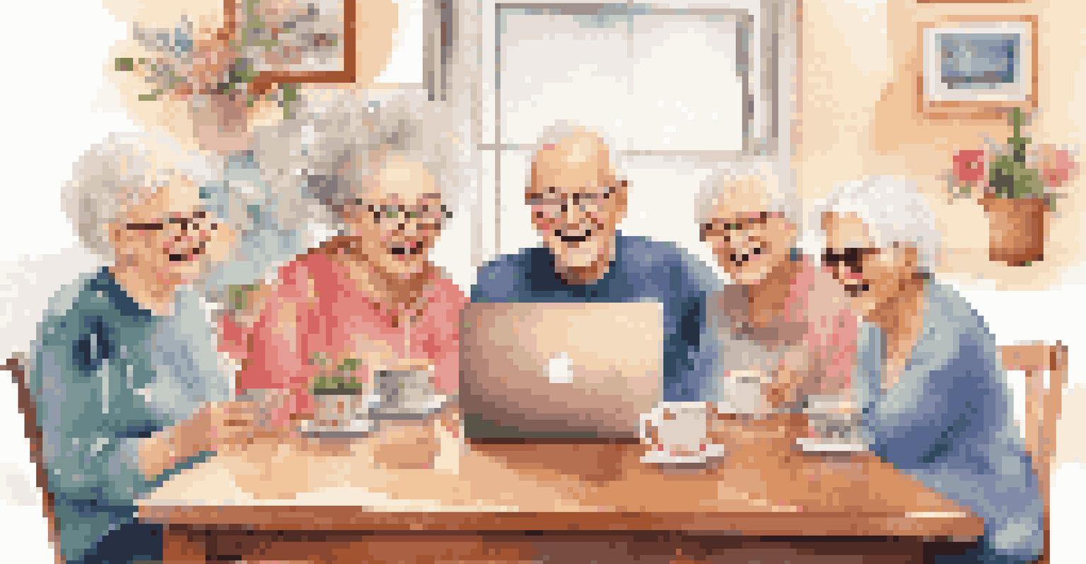 A group of seniors happily engaging in a video call around a table in a bright room, with flowers and artwork, enjoying their time together.