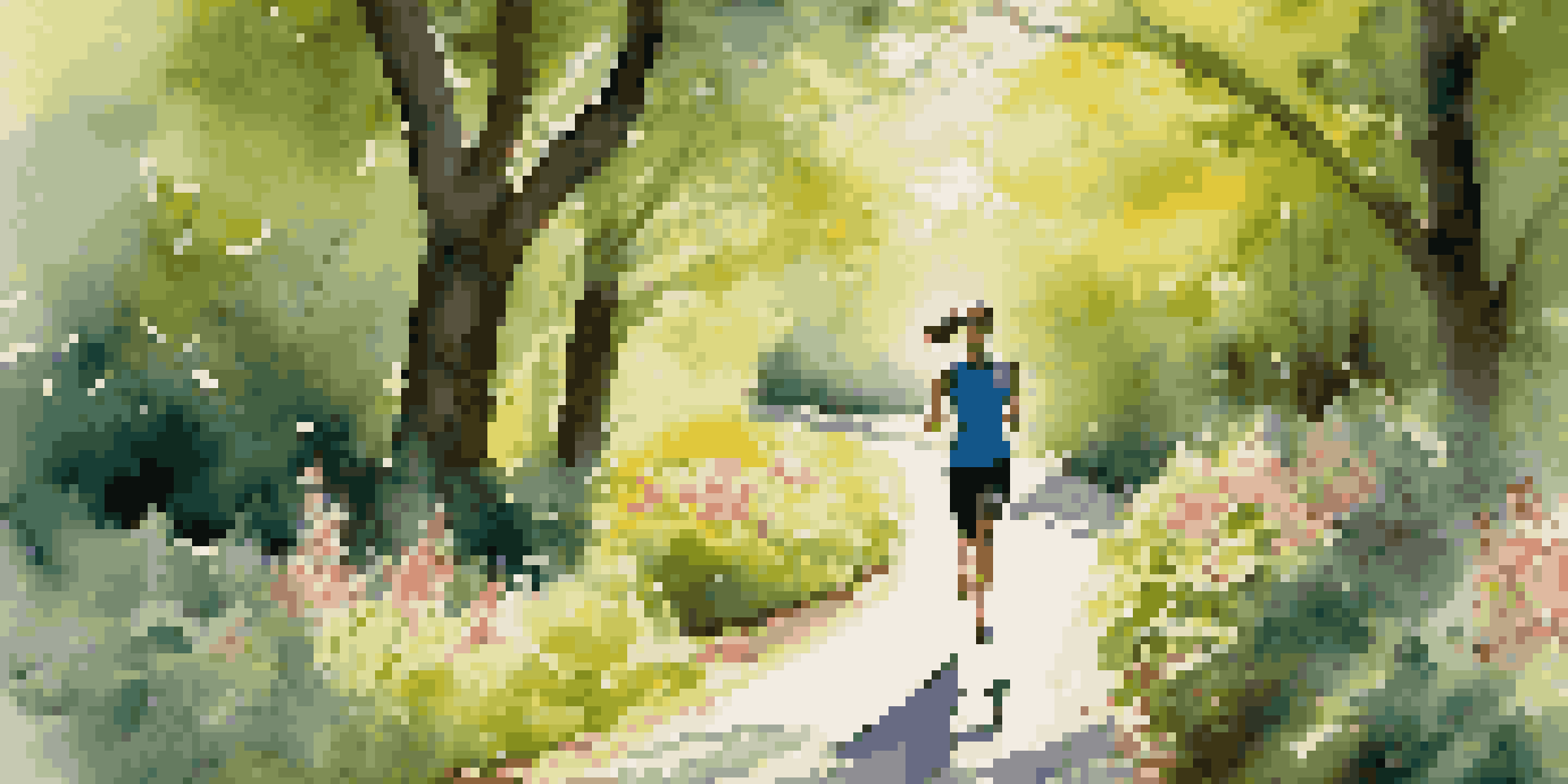 A person jogging on a sunlit path surrounded by green trees and flowers, with sunlight filtering through the leaves.