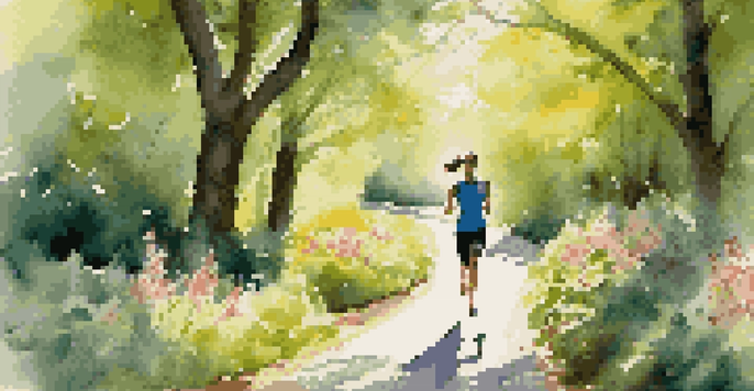 A person jogging on a sunlit path surrounded by green trees and flowers, with sunlight filtering through the leaves.