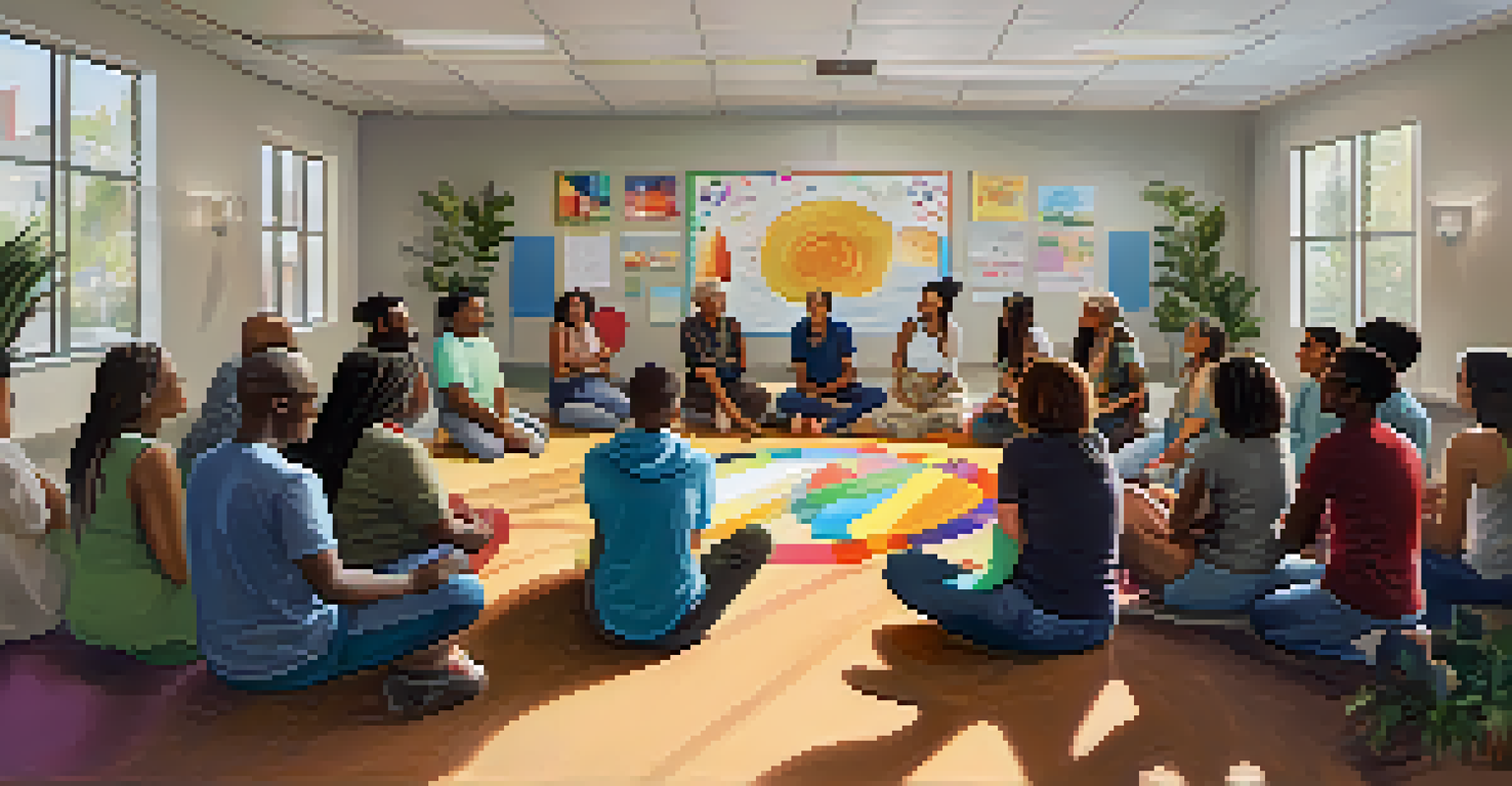 A support group session with diverse individuals sharing experiences in a bright community center.