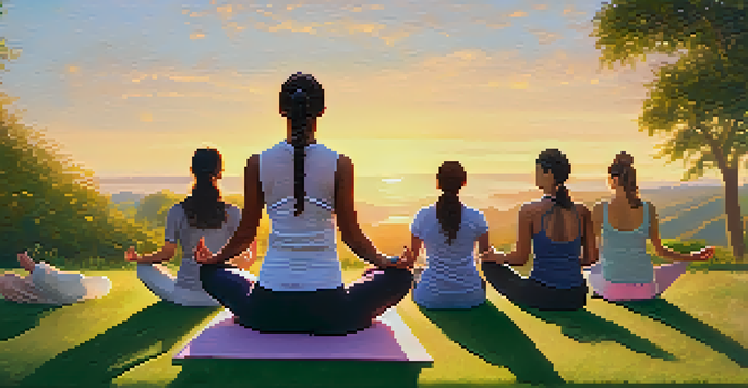 A group of diverse individuals practicing yoga on a hillside at sunrise, surrounded by lush greenery.