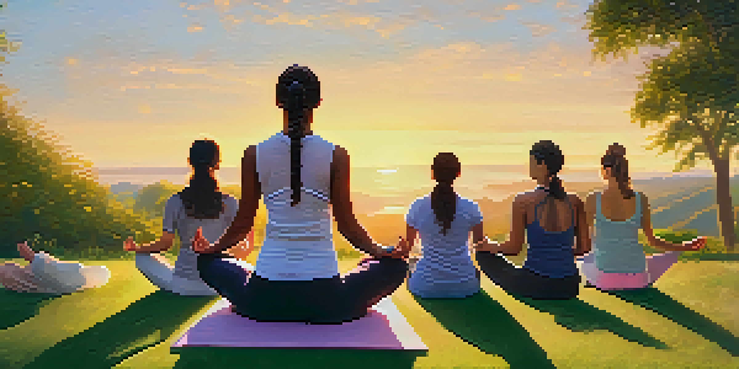 A group of diverse individuals practicing yoga on a hillside at sunrise, surrounded by lush greenery.