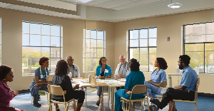 A diverse group of healthcare professionals discussing health equity in a community center with charts and posters in the background.