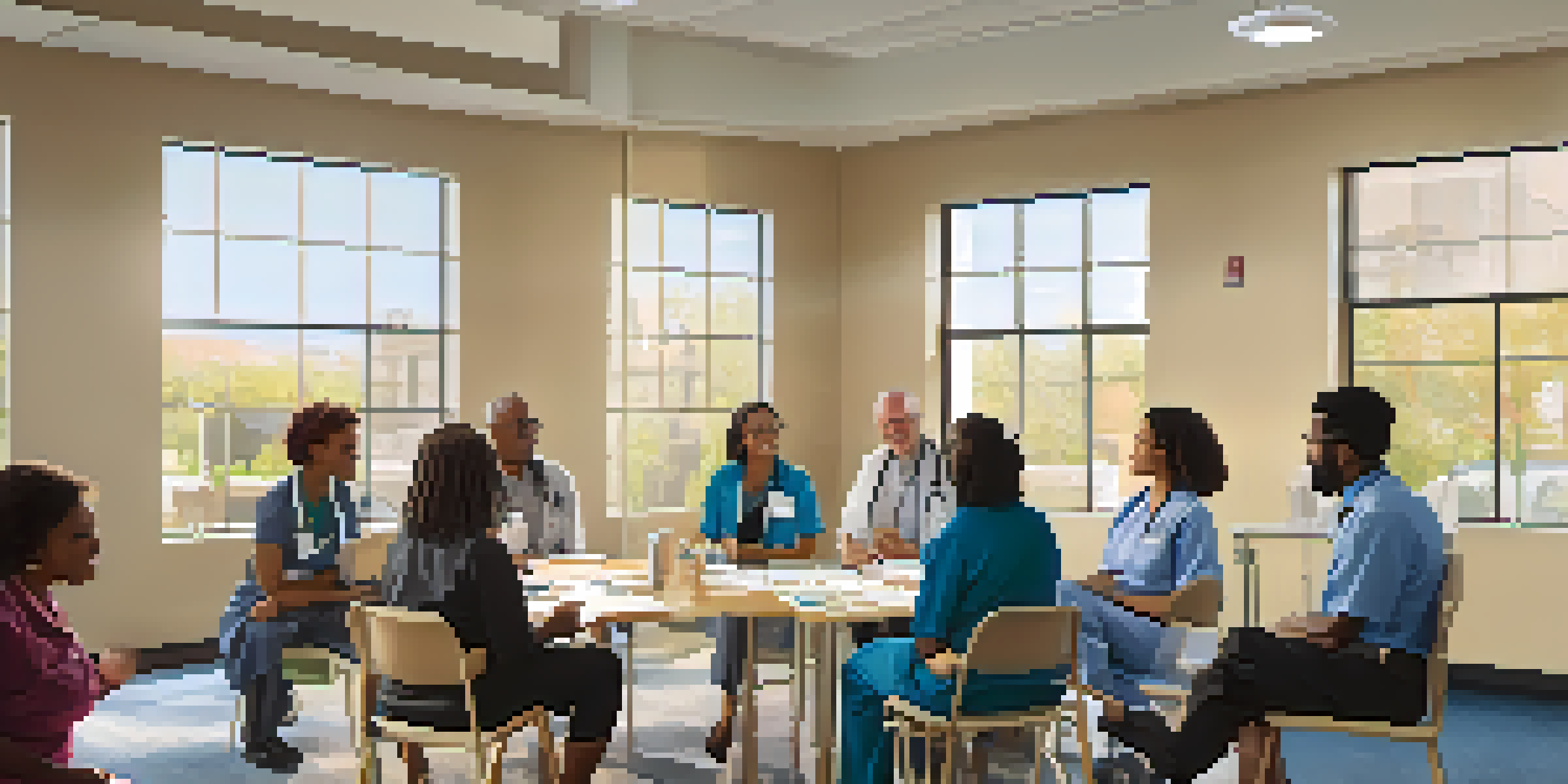 A diverse group of healthcare professionals discussing health equity in a community center with charts and posters in the background.