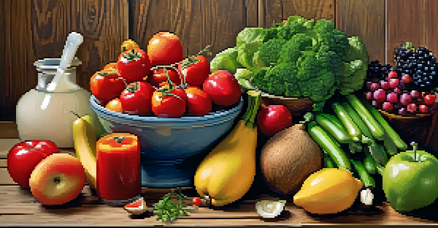 A colorful arrangement of fresh fruits, vegetables, and lean proteins on a rustic wooden table, showcasing healthy eating.