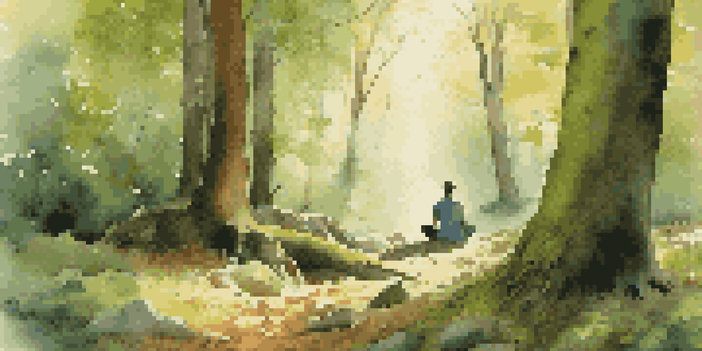 A peaceful forest with a person meditating on the ground, surrounded by trees and soft moss.