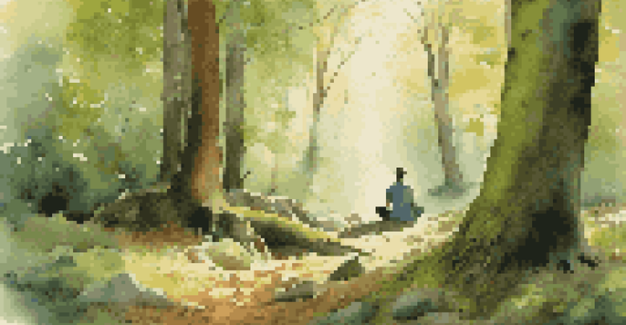 A peaceful forest with a person meditating on the ground, surrounded by trees and soft moss.