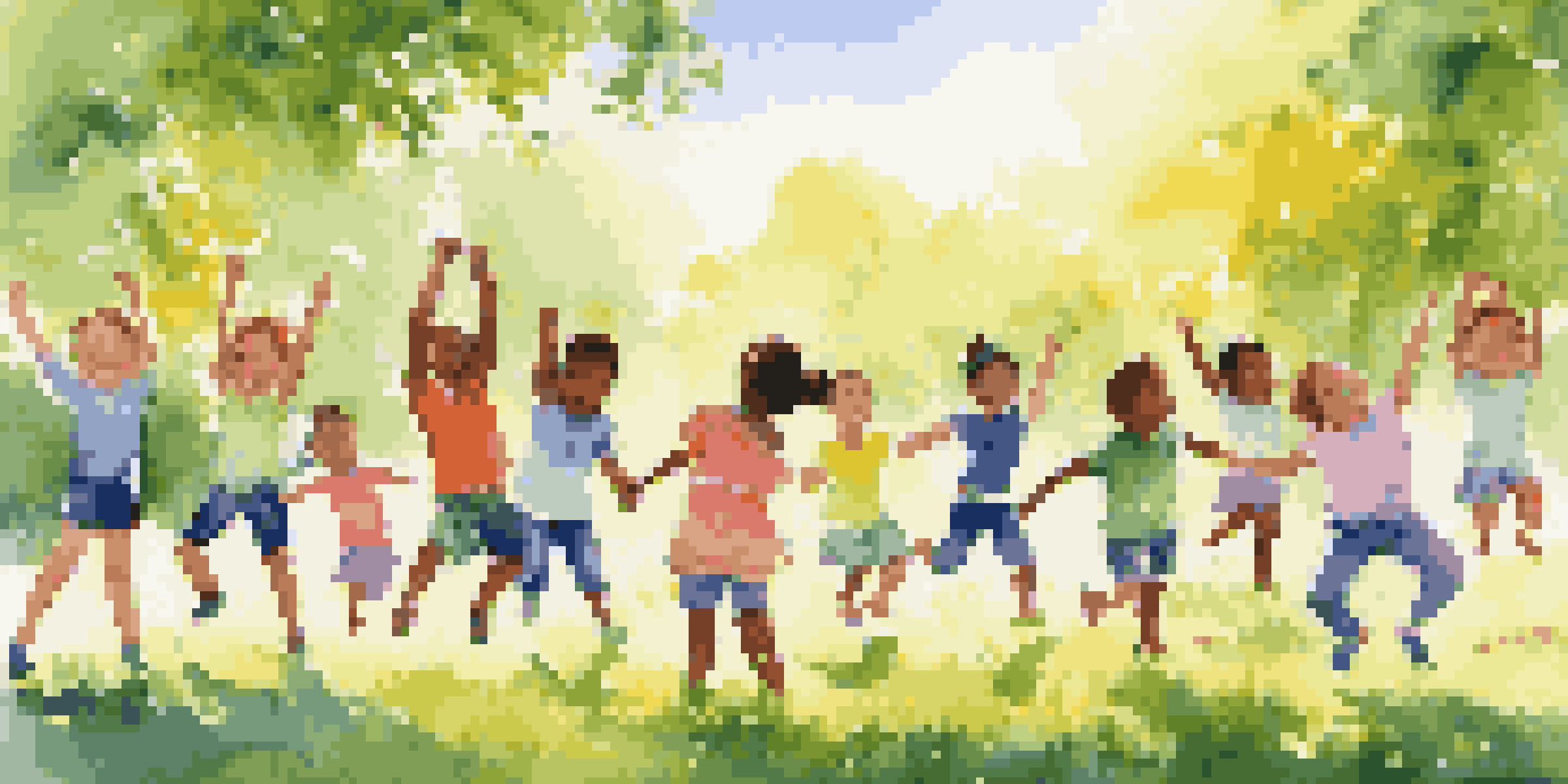 A group of diverse children stretching in a sunny park, surrounded by greenery and flowers.