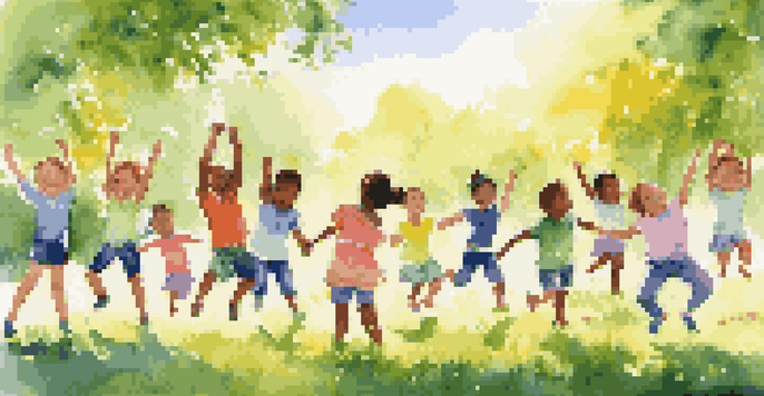 A group of diverse children stretching in a sunny park, surrounded by greenery and flowers.