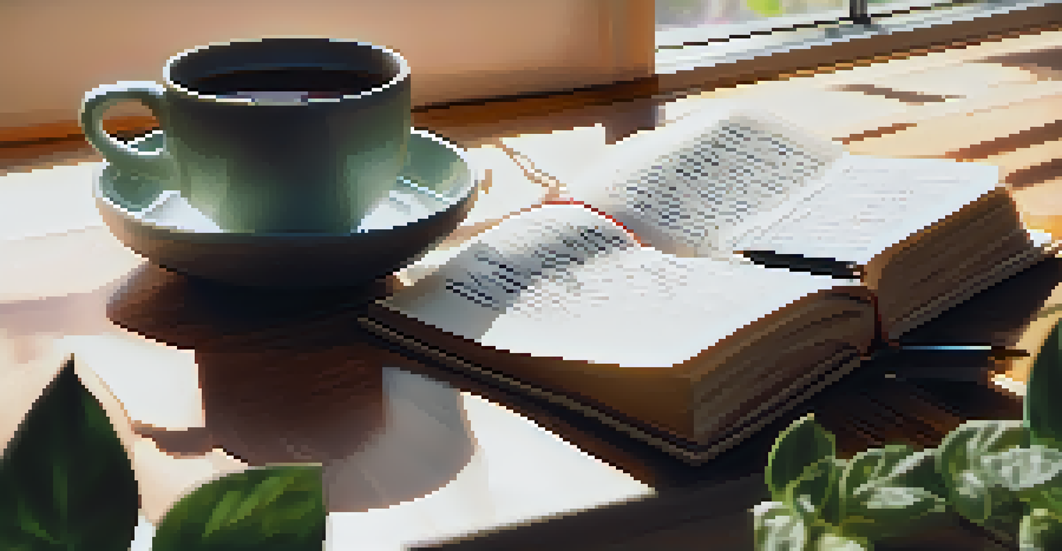 A close-up of a hand writing in a journal with a cup of tea and a potted plant in the background, illuminated by soft natural light.