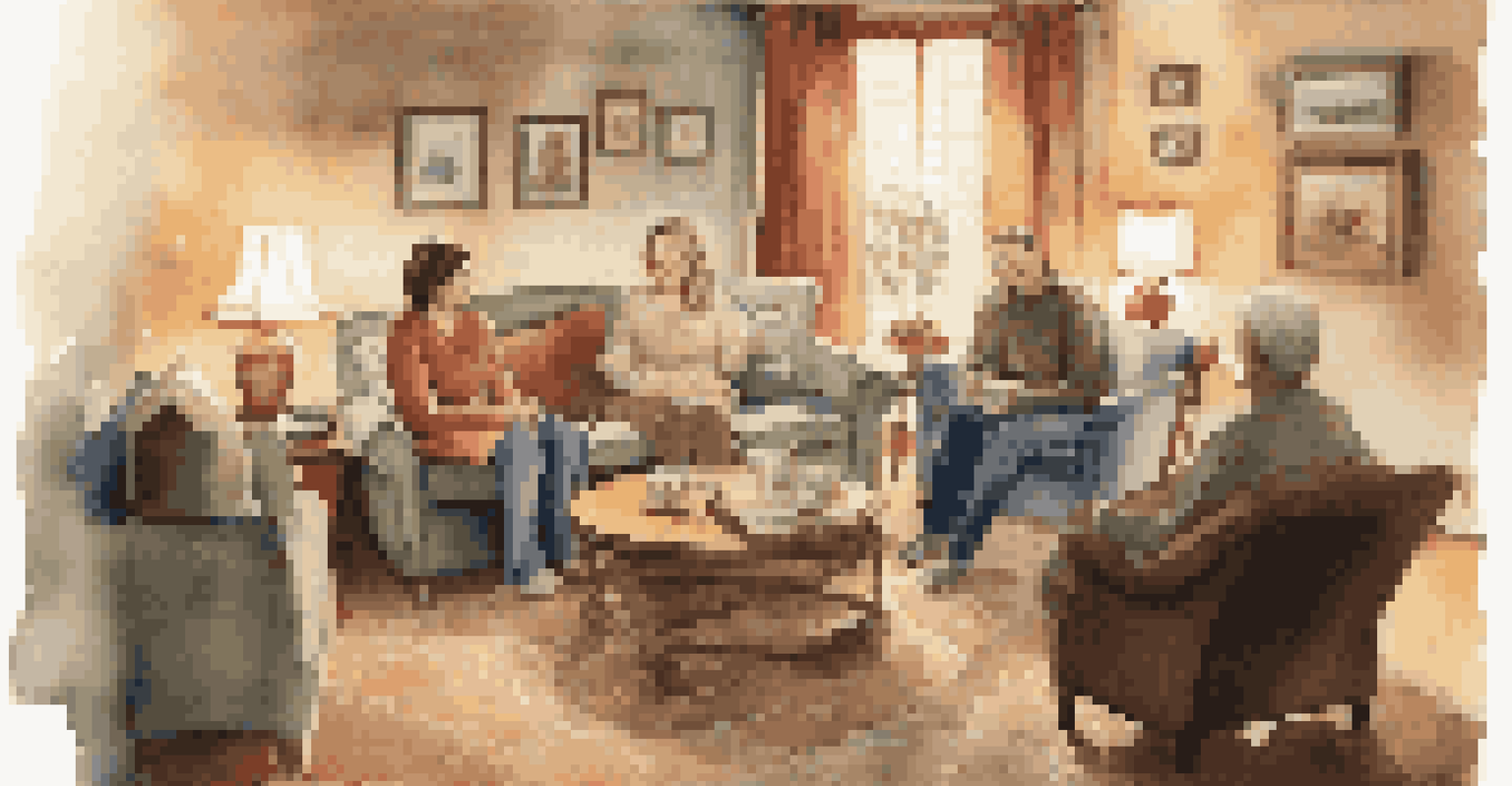 A family sitting in a cozy living room, engaged in a deep conversation with one member speaking and others listening attentively.