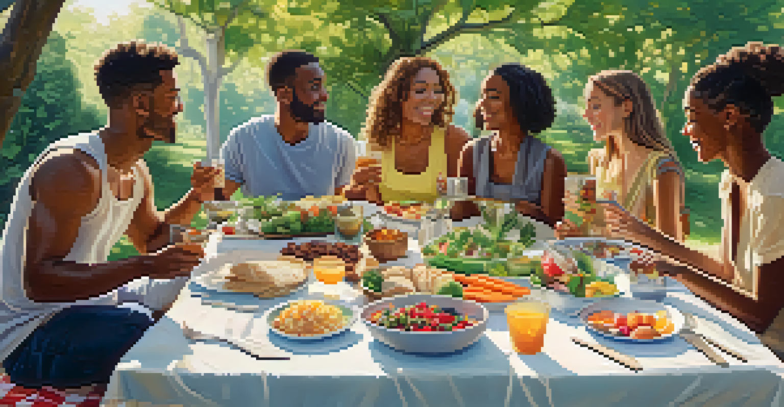 A group of people enjoying a mindful picnic in nature, surrounded by colorful, healthy foods and natural sunlight.