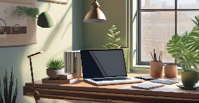 A well-organized workspace with a laptop, a cup of tea, and a plant, illuminated by soft natural light.