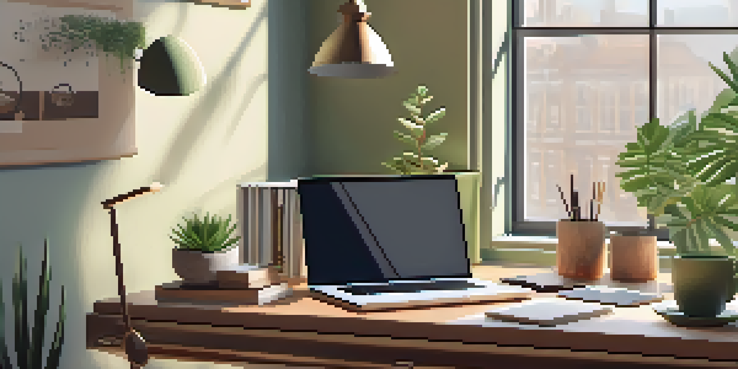 A well-organized workspace with a laptop, a cup of tea, and a plant, illuminated by soft natural light.