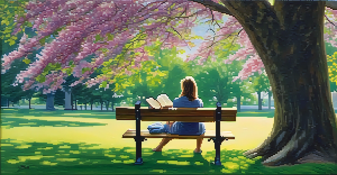 A person reading a book on a bench in a lush park, surrounded by green trees and colorful flowers, conveying a sense of tranquility.