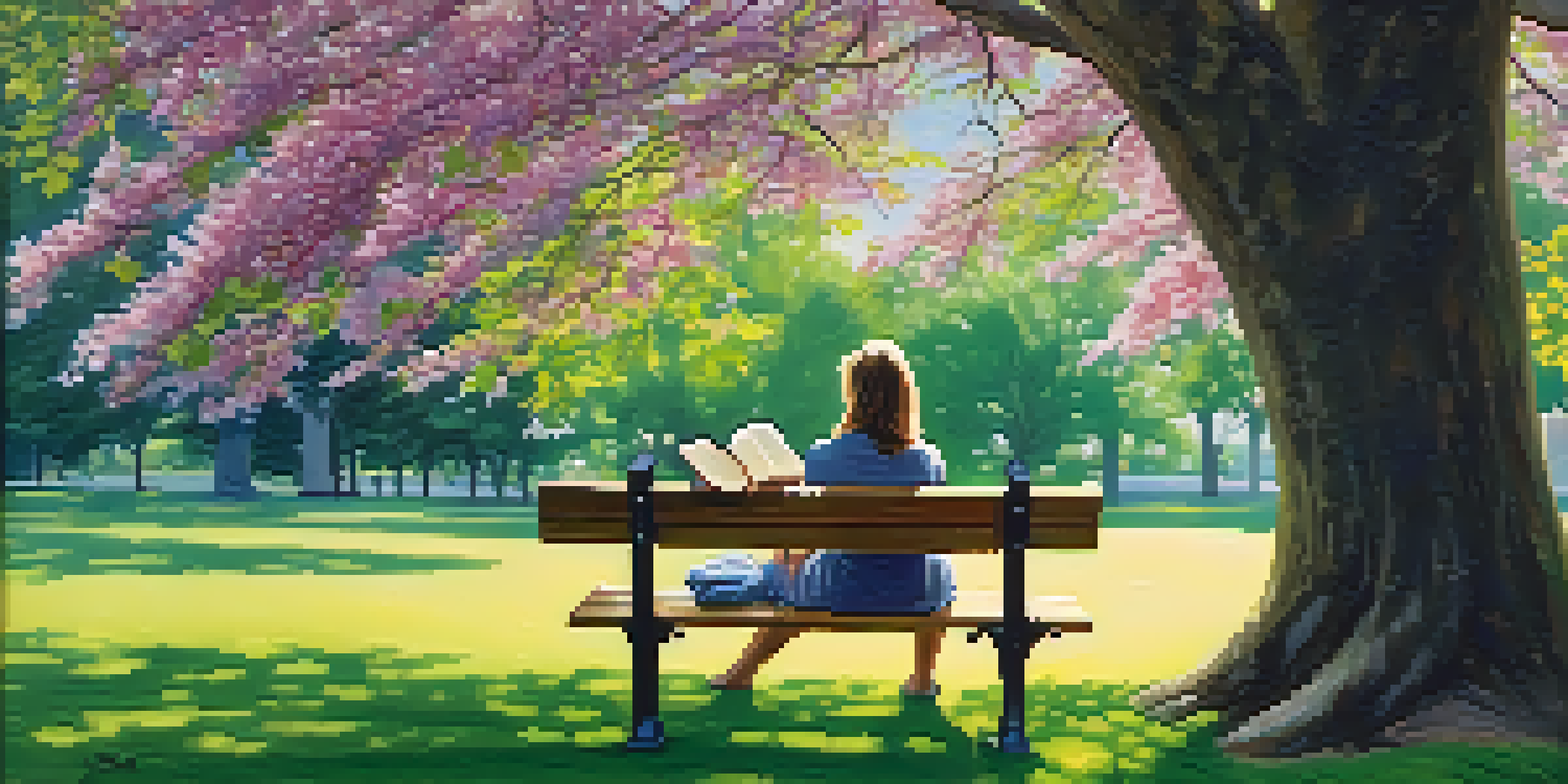 A person reading a book on a bench in a lush park, surrounded by green trees and colorful flowers, conveying a sense of tranquility.