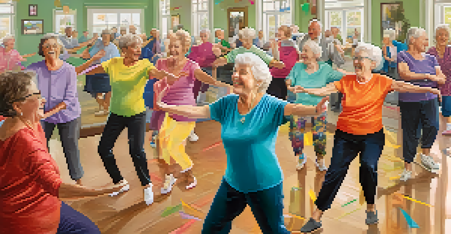 Seniors happily participating in a dance class indoors, with a joyful instructor leading them.