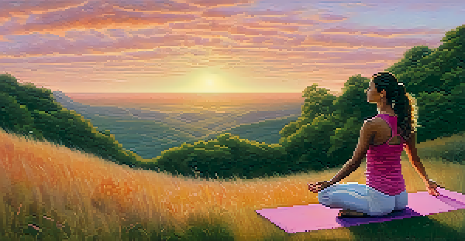 A person practicing yoga on a grassy hillside at sunset, surrounded by nature and vibrant sky colors.