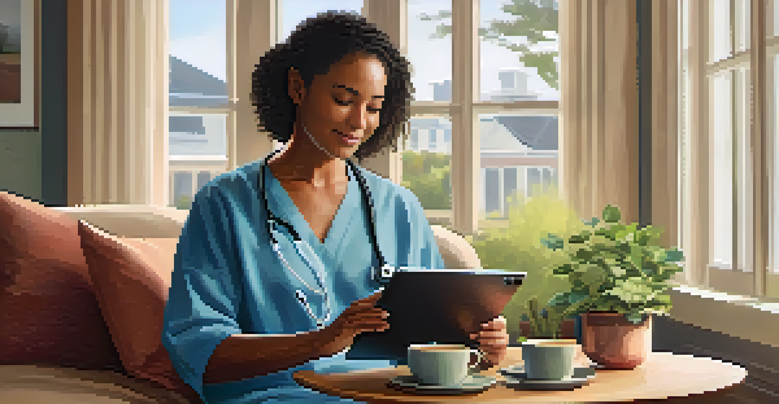 A patient using a telehealth app on a tablet in a cozy living room, illuminated by natural light, conveying comfort and accessibility in healthcare.