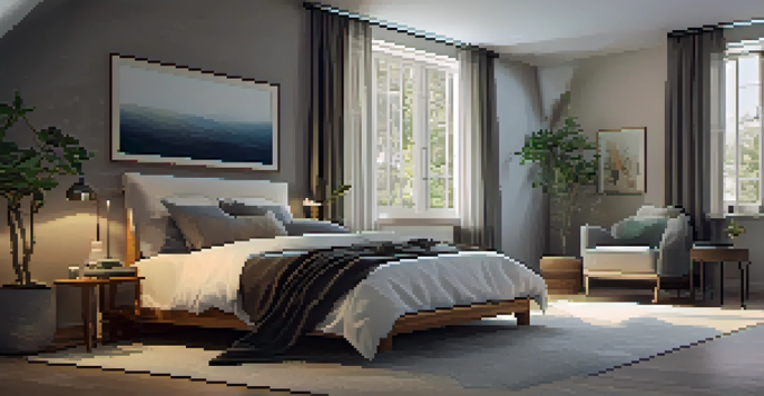 A peaceful bedroom with soft lighting, a cozy bed, and dark curtains, designed for restful sleep.