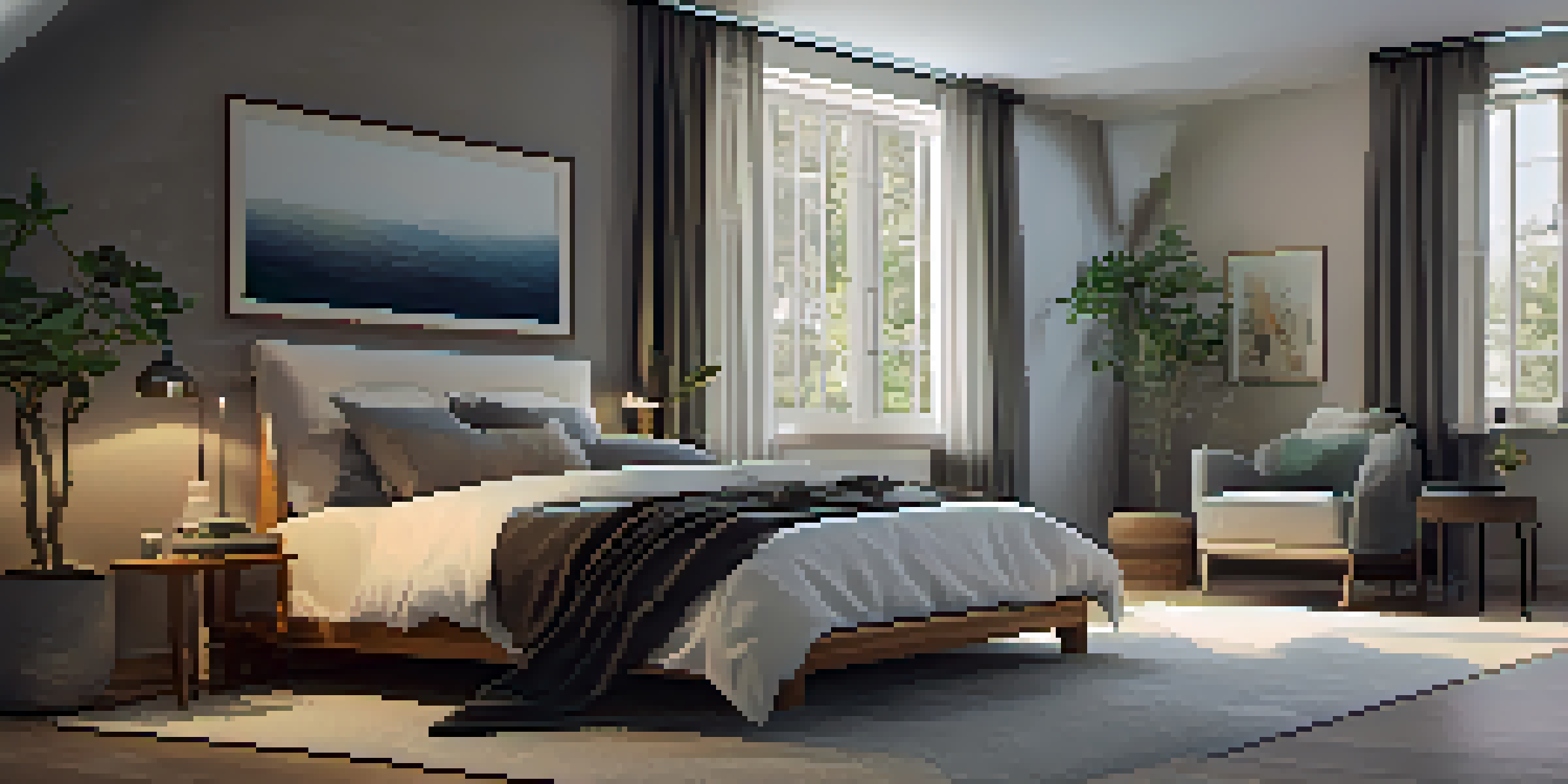 A peaceful bedroom with soft lighting, a cozy bed, and dark curtains, designed for restful sleep.