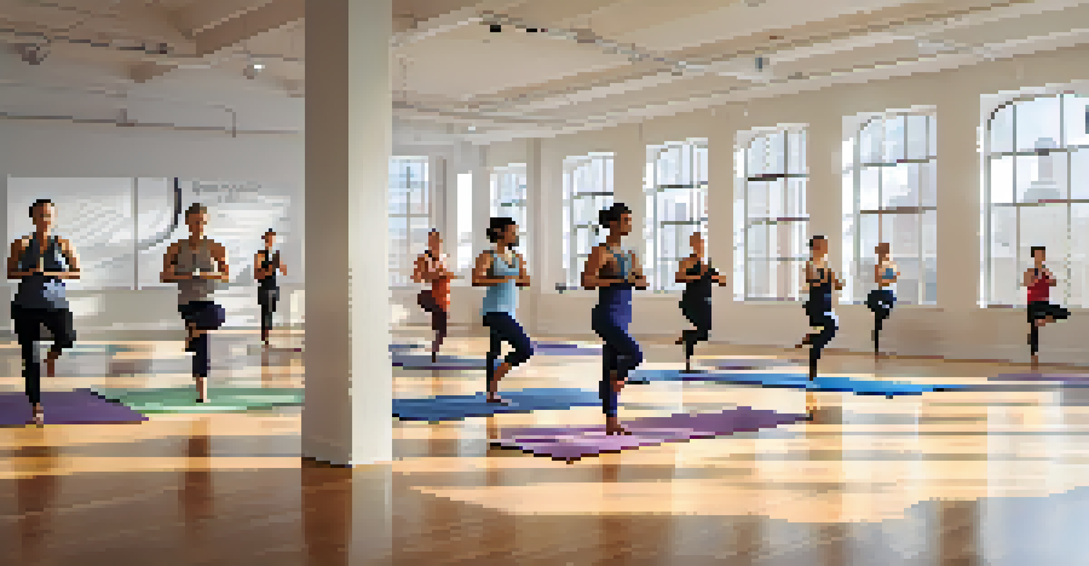 A yoga class in a bright studio with people practicing poses, illuminated by natural light from large windows.