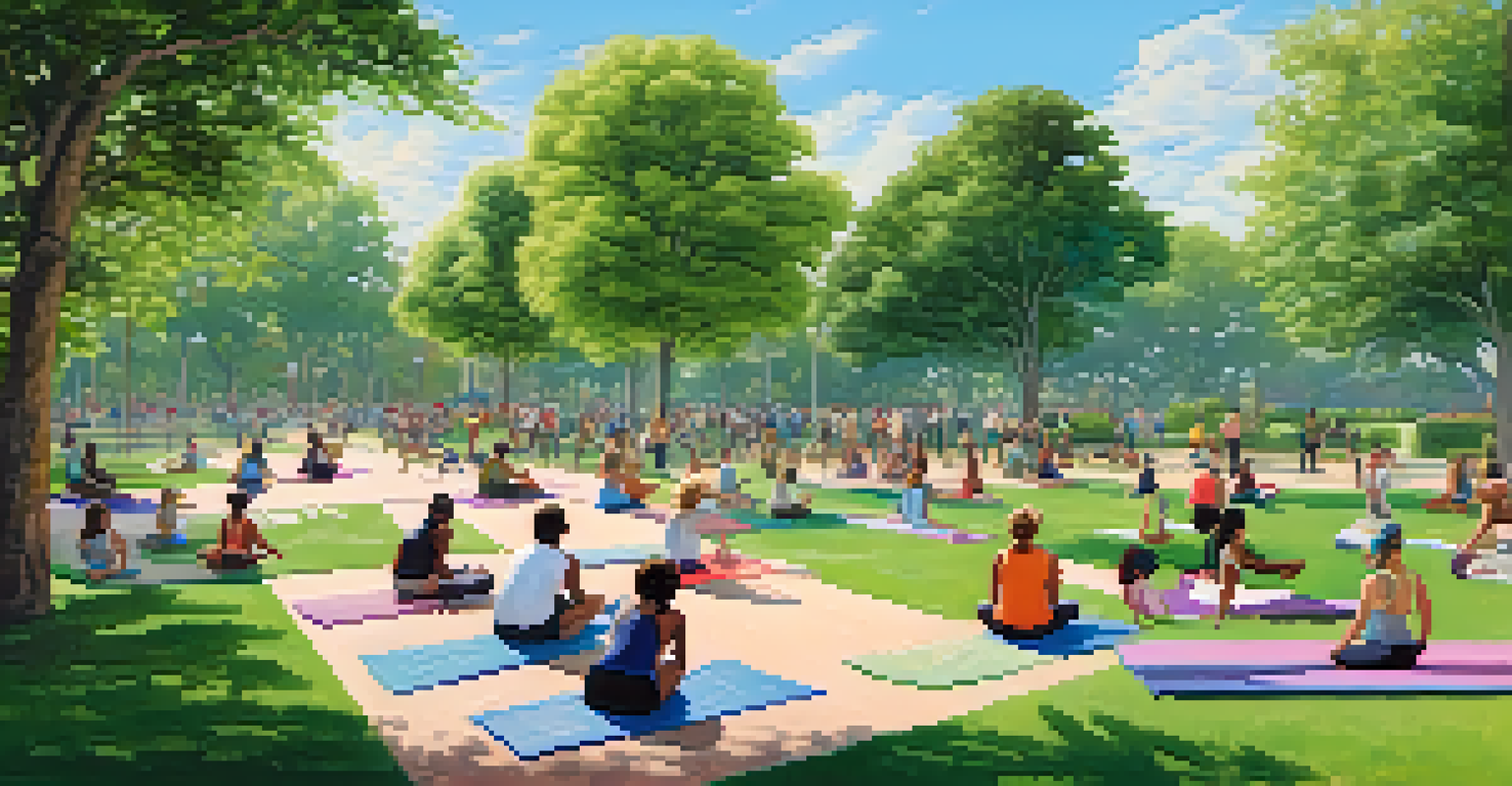 A lively park with people of different ages exercising, surrounded by green trees and a clear sky.