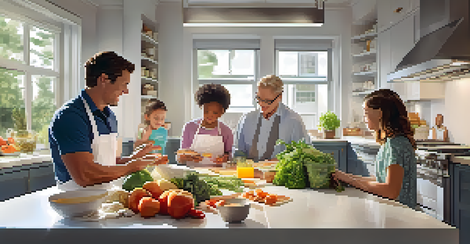 A nutritionist discussing a meal plan with a family in a bright kitchen filled with fresh ingredients.